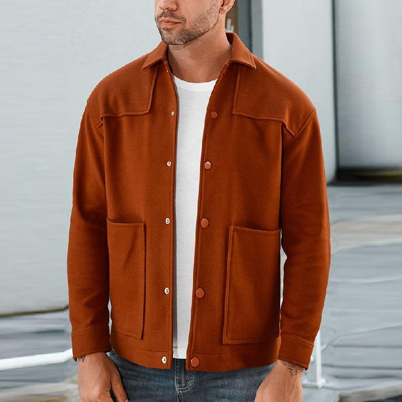 Men's Casual Wool Blend Lapel Single Breasted Loose Long Sleeve Shirt 9887360942264