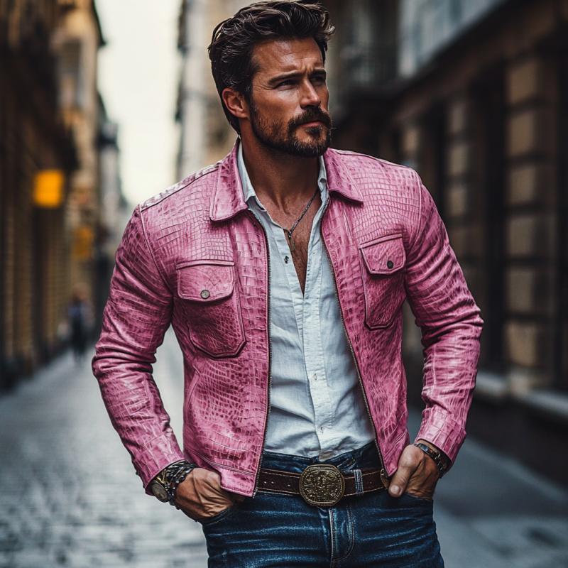 Men's Vintage Crocodile Leather Lapel Zipper Slim Jacket 9887360450744