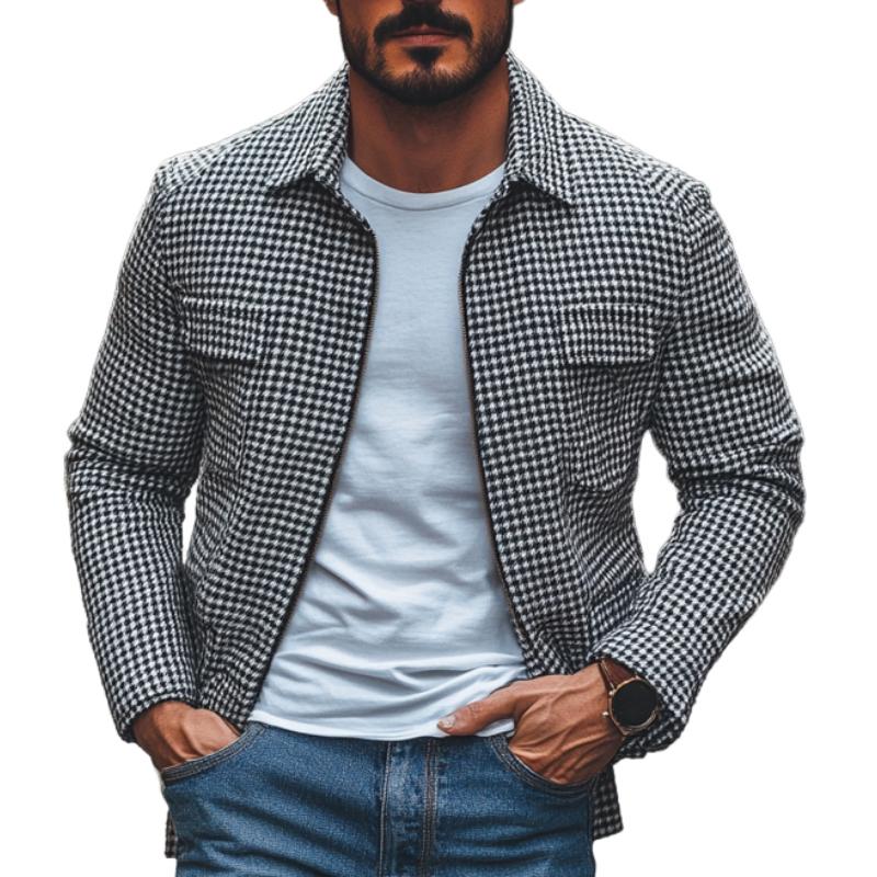 Men's Casual Houndstooth Lapel Multi-Pocket Zipper Slim Fit Jacket Dtt25081915