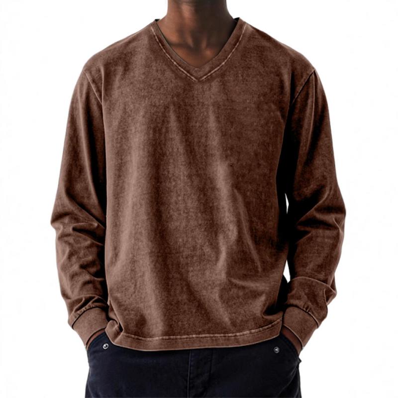Men's Solid Color Loose V Neck Long Sleeve T-shirt 9261139099832
