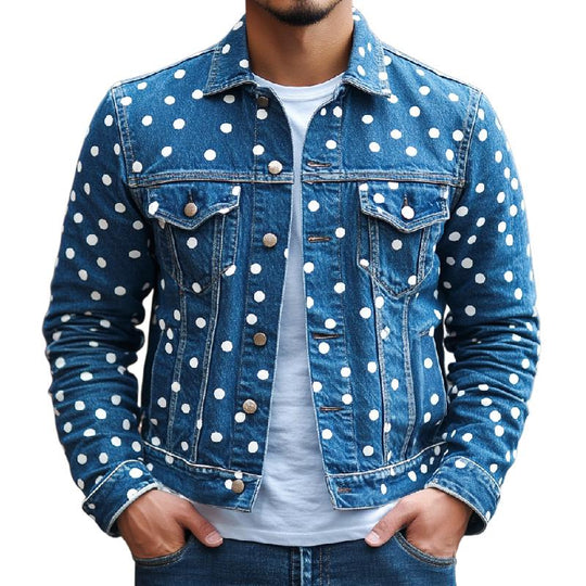 Men's Casual Lapel Polka Dot Denim Jacket 9886819254456