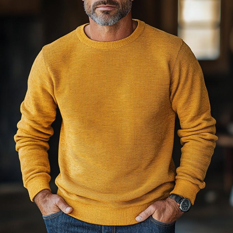 Men's Casual Trendy Round Neck Yellow Waffle Sweatshirt 9274151600312