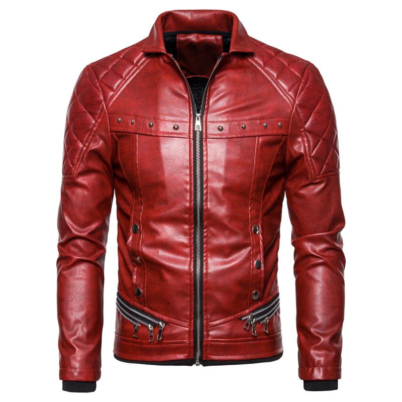 Men's Vintage Fur Collar Zipper Panel Leather Jacket 9261083492536