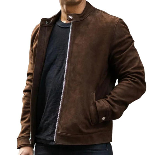 Men's Solid Color Suede Stand Collar Zipper Jacket 9882788823224