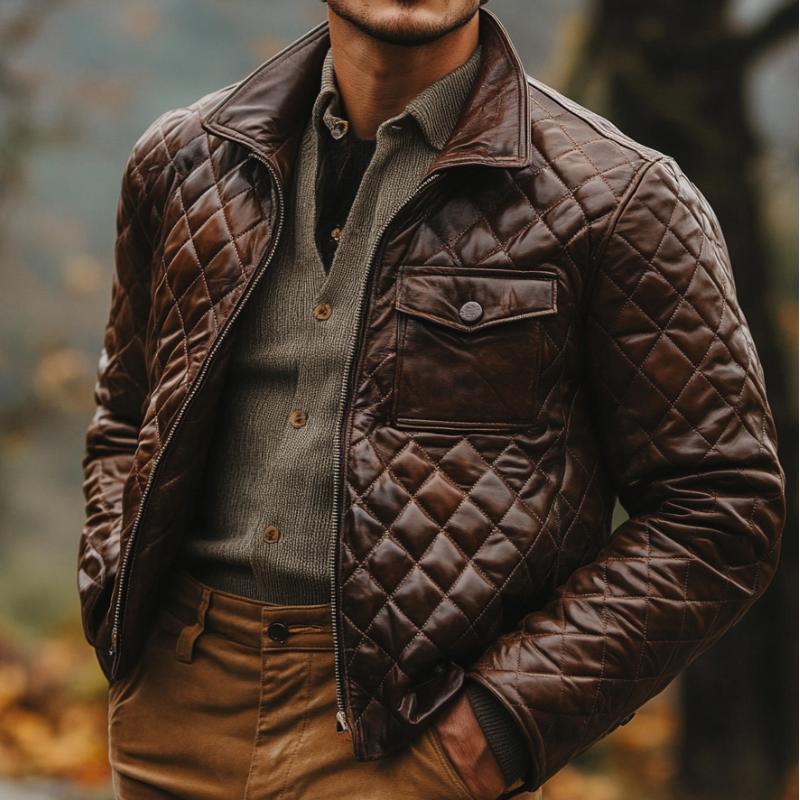 Men's Vintage Stand Collar Quilted Leather Jacket 9261095944376