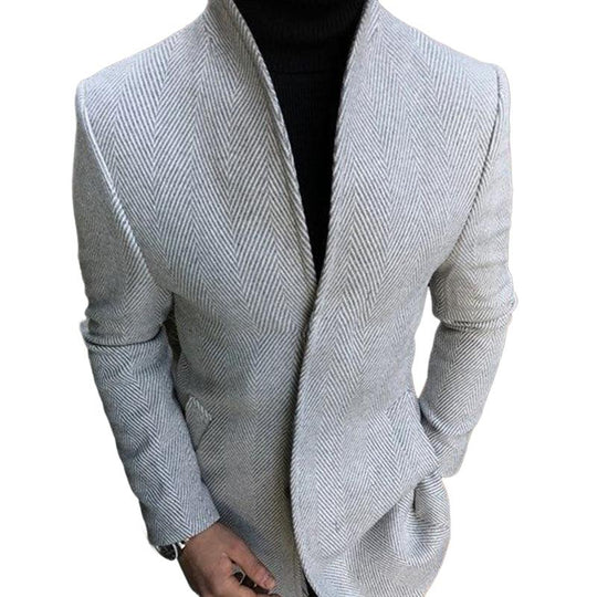 Men's Retro Casual Herringbone Collarless Mid-Length Coat 9261107380408