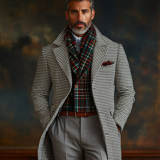 Men's Retro Business Houndstooth Lapel Single Breasted Mid-Length Coat 9261107904696