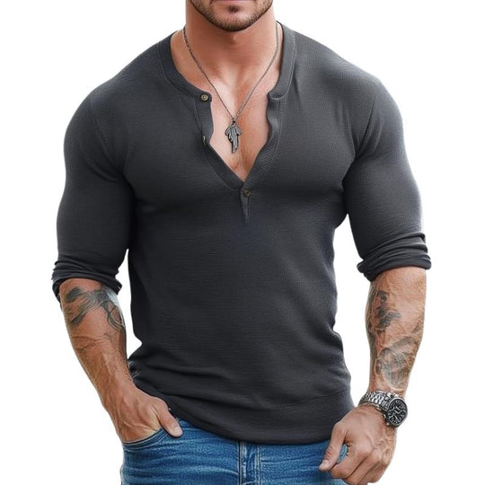 Men's Casual Solid Color Henley Collar Slim Fit Long Sleeve T-Shirt 9261142769848