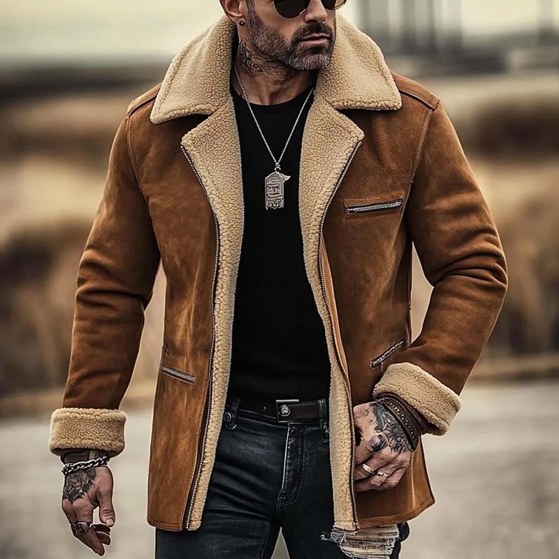 Men's Fleece Suede Lapel Suede Single Breasted Multi-pocket Coat 9261105250488