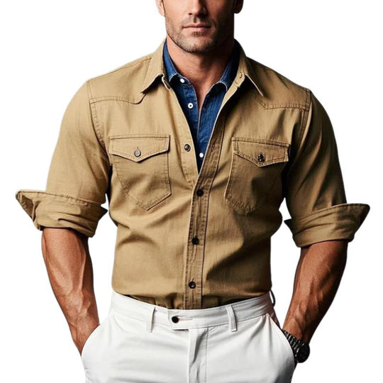 Men's Vintage Double Chest Pockets Single Breasted Long Sleeve Shirt 9885321429176