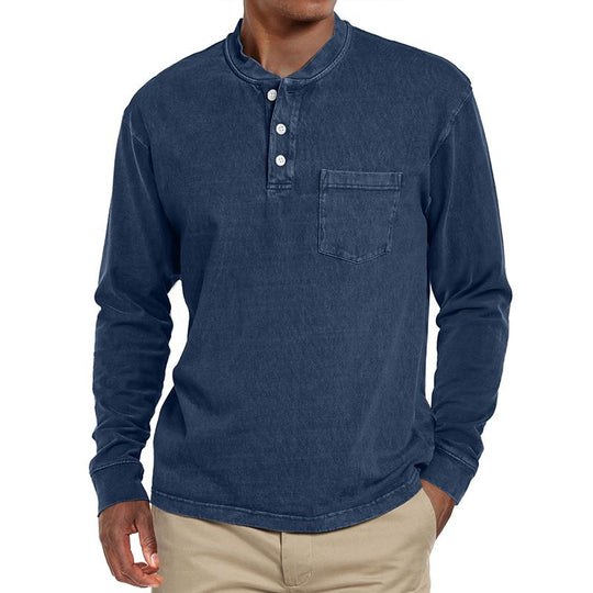 Men's Solid Henley Collar Chest Pocket Long Sleeve T-shirt 9261142278328