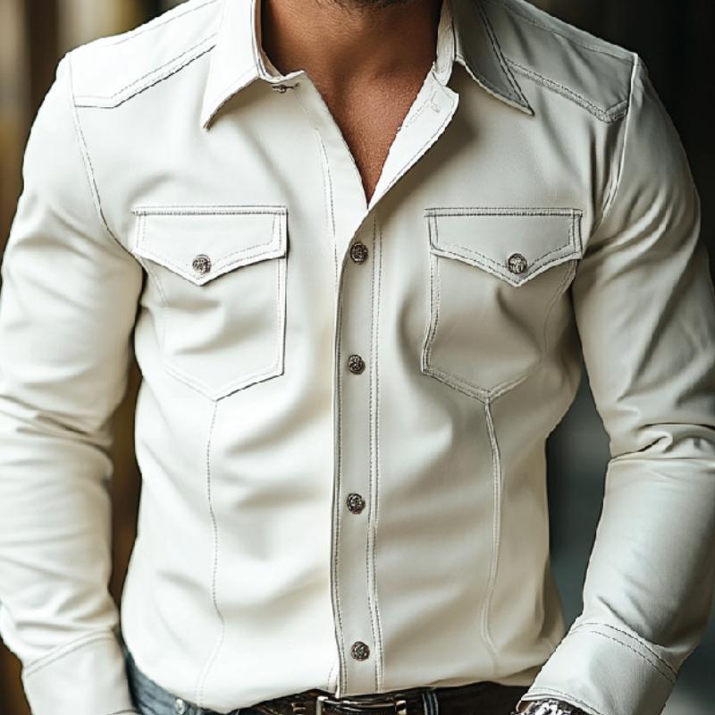 Men's Casual Leather Lapel Long Sleeve Shirt 9877644607672