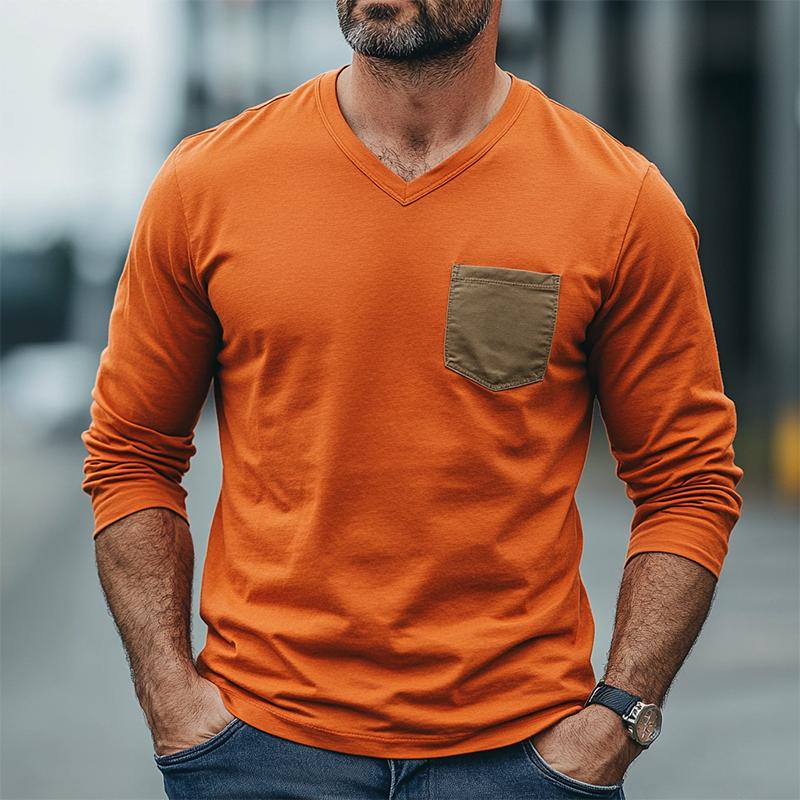 Men's Classic Casual V-Neck Cotton Long Sleeve T-Shirt 9882786693304