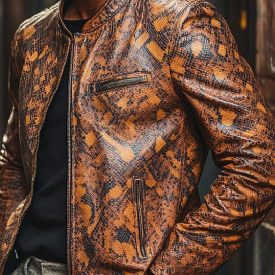 Men's Stylish Stand Collar Zippered Python Print Leather Jacket 9888004669624