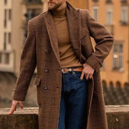 Men's Classic Casual Multi-Pocket Knee-Length Houndstooth Double-Breasted Coat 9261107871928