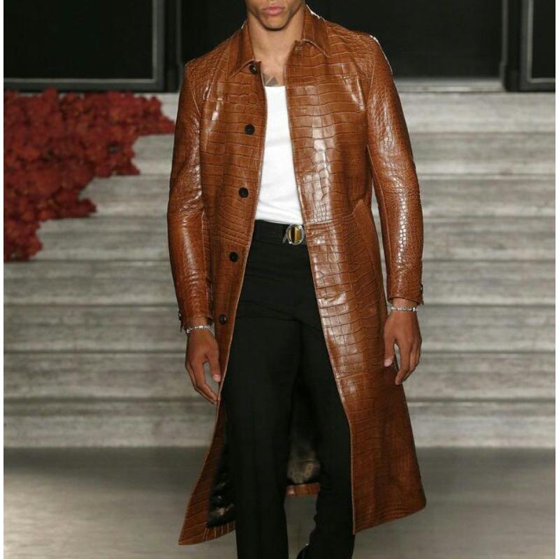 Men's Vintage Mid-length Lapel Croc-effect Leather Coat 9885321920696