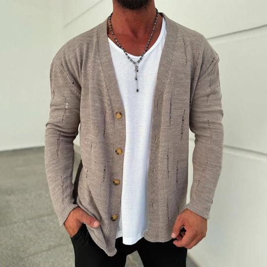 Men's Fashion Solid Color Holes V Neck Single Breasted Knit Cardigan 9268188577976