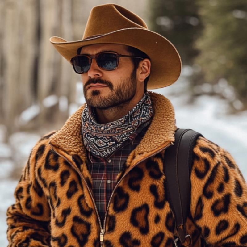 Men's Vintage Leopard Plush Warm Zipper Coat 9261107151032