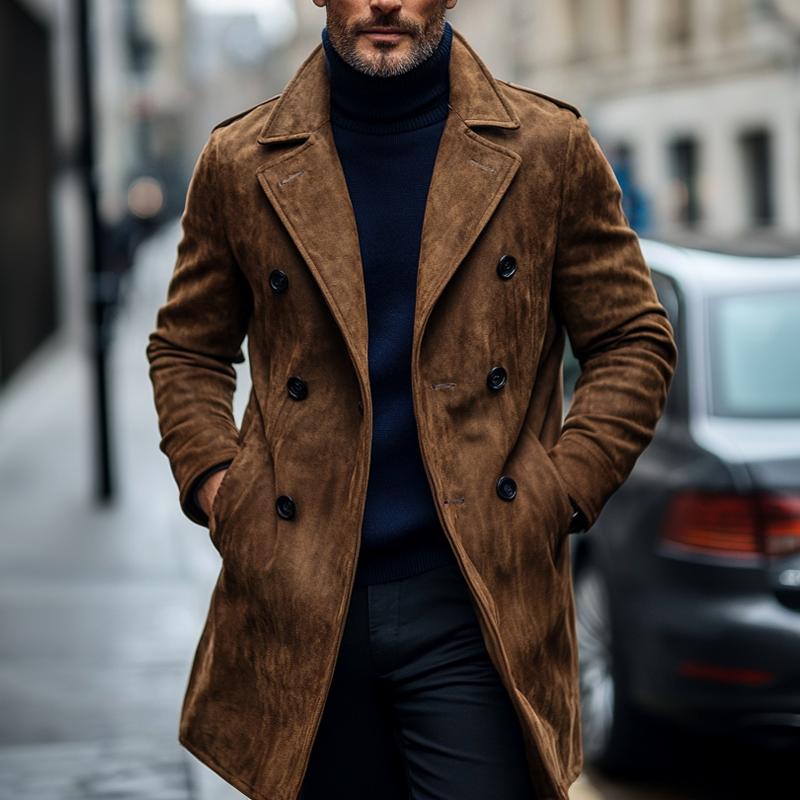 Men's Fashion Suede Notch Lapel Double Breasted Mid-length Coat 9261108986040