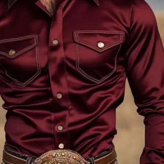Men's Western Vintage Satin Double Chest Pocket Slim Fit Long Sleeve Shirt 9882786365624