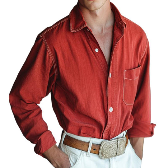 Men's Retro Casual Cowboy Pocket Lapel Long Sleeve Shirt 9884642410680