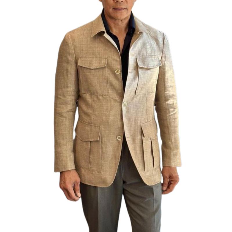 Men's Casual Cotton Linen Lapel Multi-pocket Safari Jacket 9880239538360