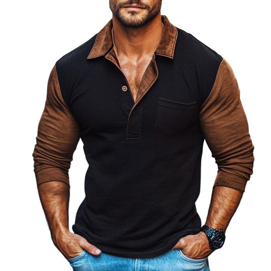 Men's Retro Casual Colorblock Lapel Long Sleeve T-Shirt 9261141655736