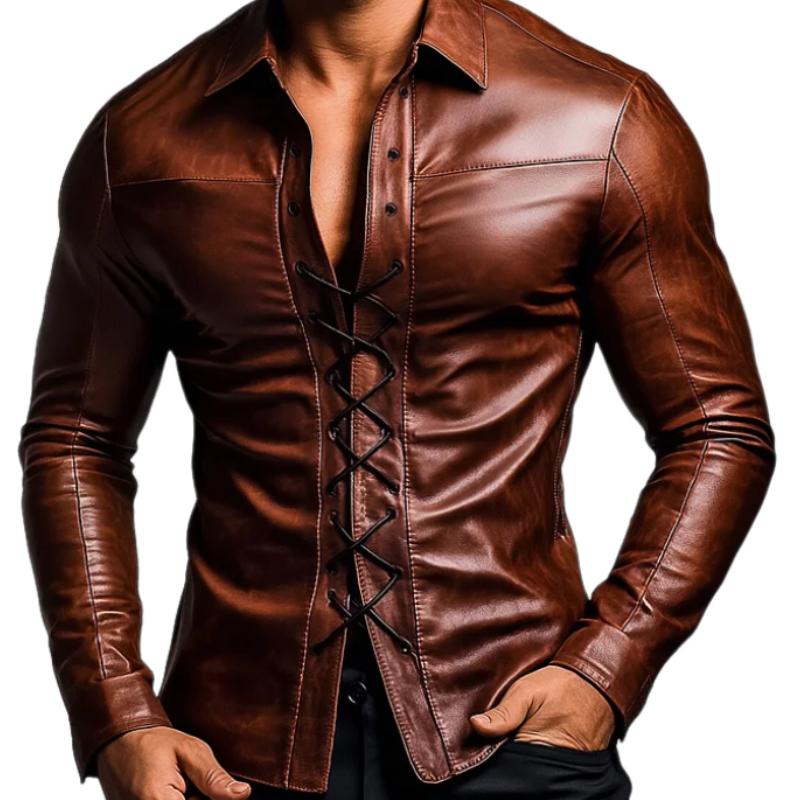 Men's Vintage Lapel Drawstring Leather Shirt 9888004210872