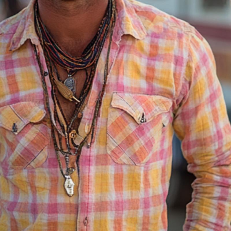 Men's Vintage Check Double Chest Pockets Single Breasted Long Sleeve Shirt 9885321691320