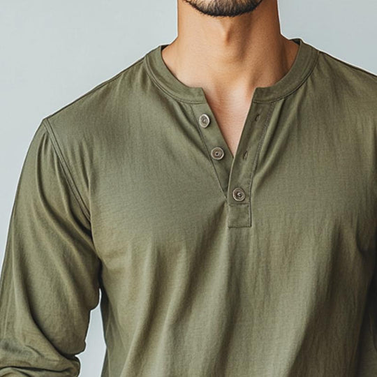 Men's Vintage Casual Solid Color Henley Neck Long Sleeve T-Shirt 9886819942584