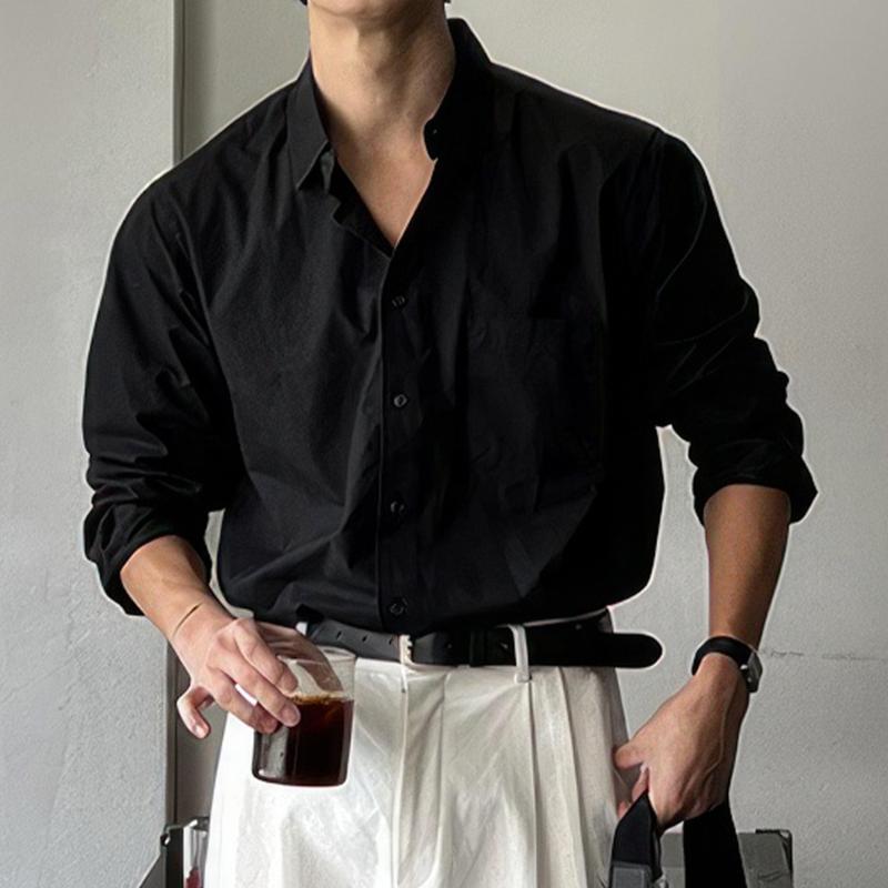 Men's Retro Casual Solid Color Pocket Lapel Long Sleeve Shirt 9901326270648