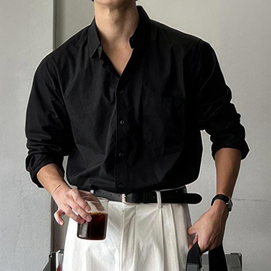 Men's Retro Casual Solid Color Pocket Lapel Long Sleeve Shirt 9901326270648