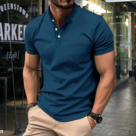 Men's Casual Stand Collar Patch Pocket Slim Fit Short Sleeve T-Shirt 9261136281784