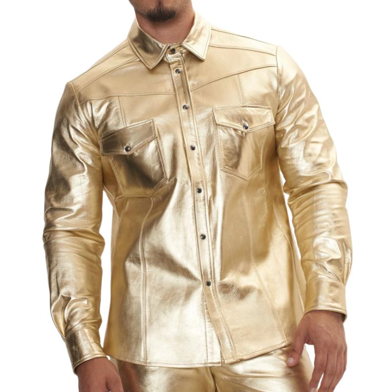 Men's Trendy Lapel Shiny Leather Long-sleeved Shirt 9886816075960