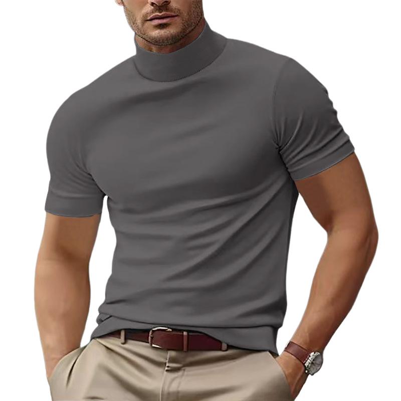 Men's Solid Color Half Turtle Neck Slim Fit Short Sleeve T-Shirt Dtt25081917