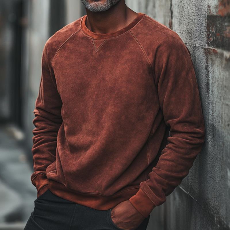 Men's Retro Red Crew Neck Suede Raglan Sleeve Sweatshirt 9274152386744
