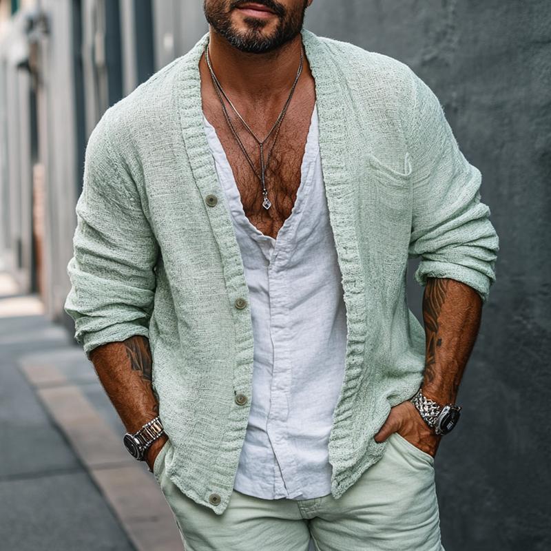 Men's Fashion Solid Color Collarless Long Sleeve Loose Shirt 9886819025080