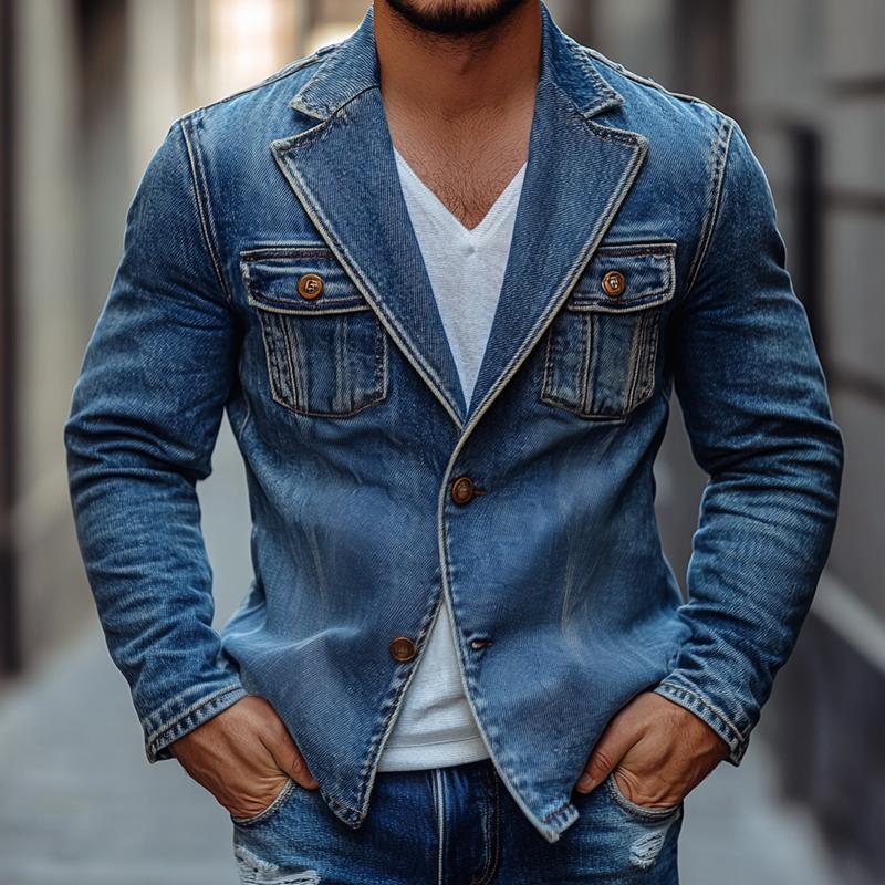 Men's Fashion Washed Notch Lapel Two Buttons Denim Jacket 9885838901432