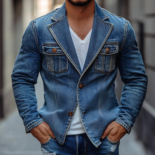 Men's Fashion Washed Notch Lapel Two Buttons Denim Jacket 9885838901432