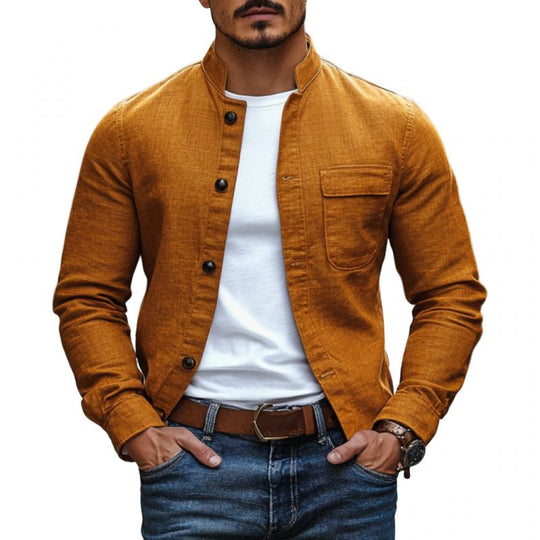 Men's Casual Cotton Linen Stand Collar Slim Fit Long Sleeve Shirt 9885320216760