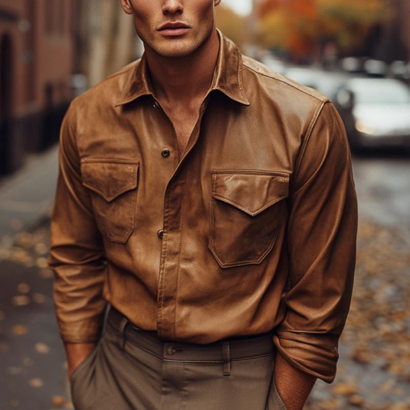 Men's Vintage Long Sleeve Leather Jacket 9261094633656