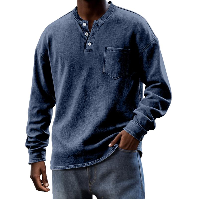 Men's Solid Henley Collar Chest Pocket Long Sleeve T-shirt 9261142442168