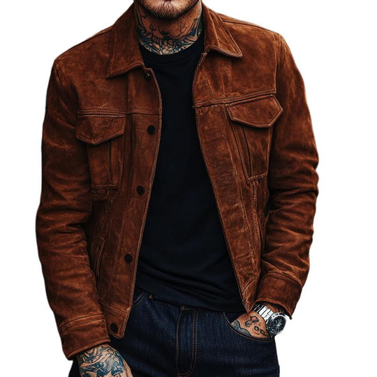 Men's Solid Color Suede Lapel Single Breasted Jacket 9882787971256