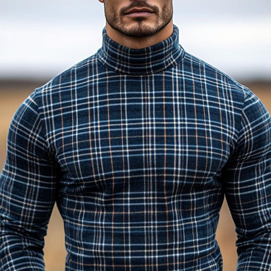 Men's Vintage Checked High Collar Long Sleeve Casual T-shirt 9884640510136