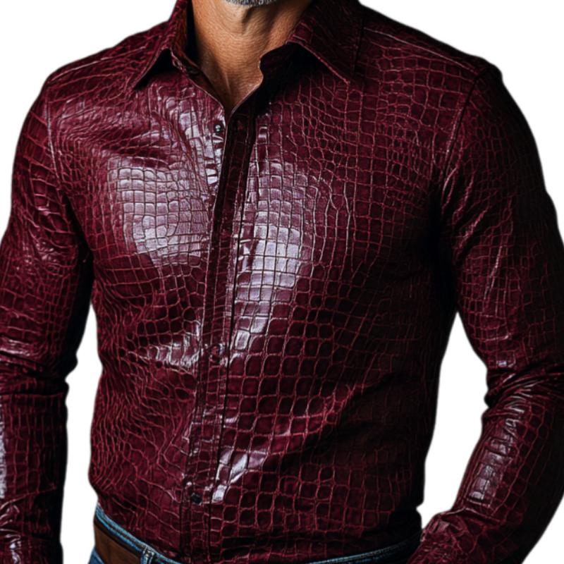 Men's Fashion Slim Burgundy Lapel Textured Leather Shirt 9886816207032