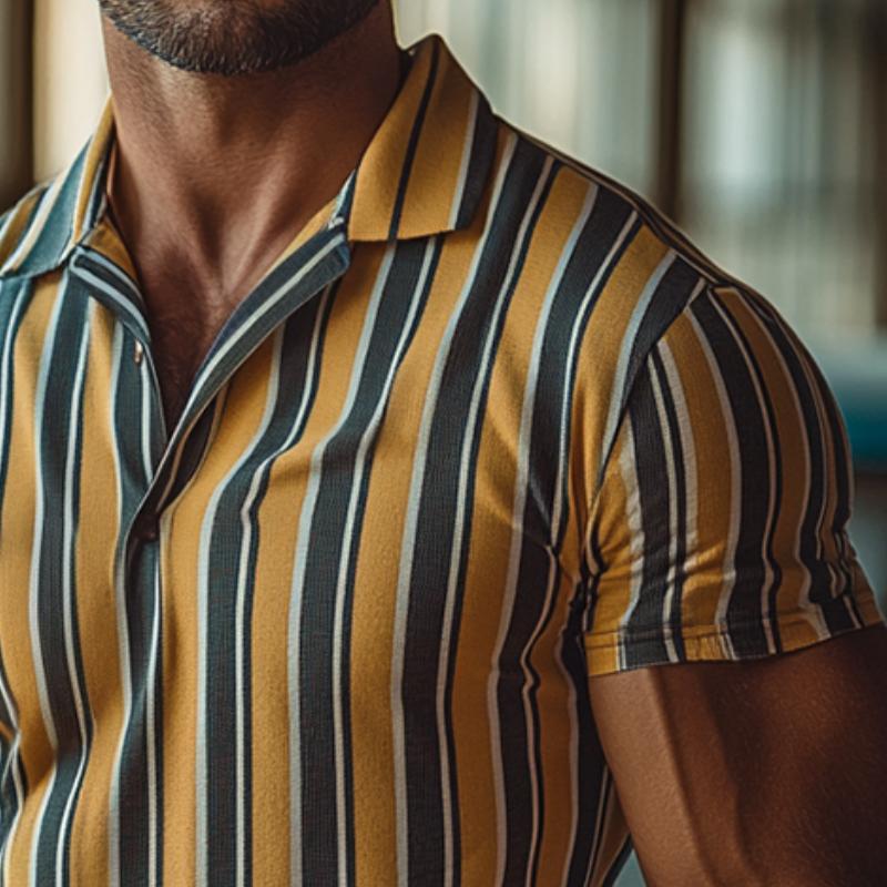Men's Retro Casual Striped Print Short-sleeved Polo Shirt 9884643066040