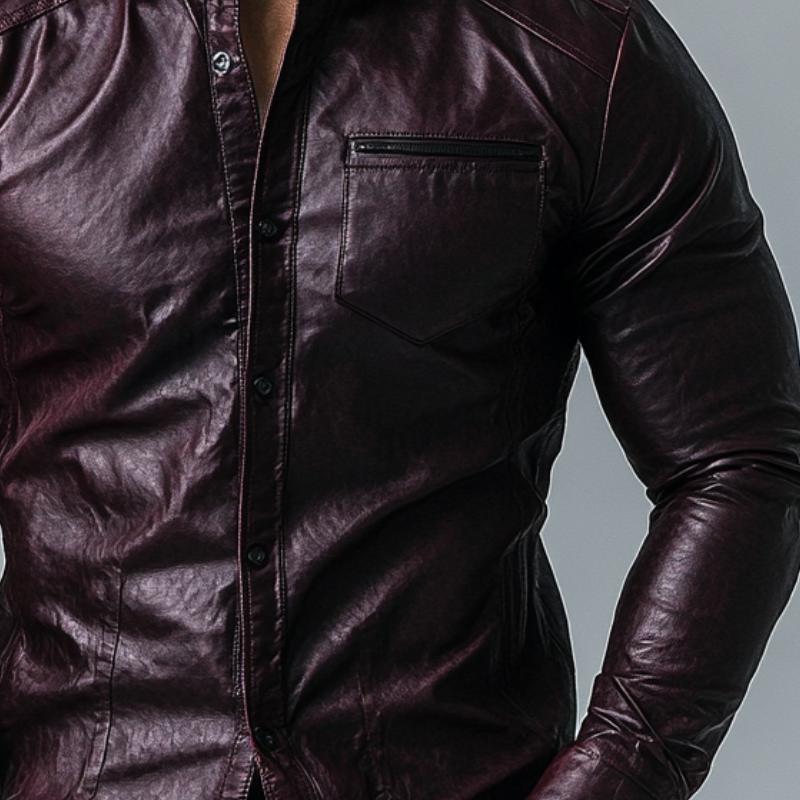 Mens Fashion Single Breasted Slim Fit Long Sleeve Leather Shirt 9882785185976
