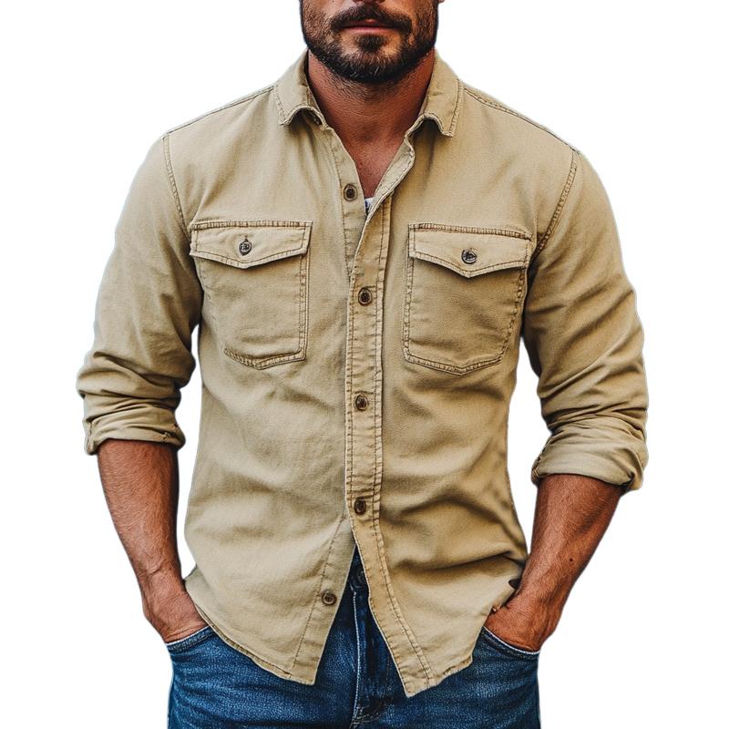 Men's Vintage Washed Denim Long Sleeve Shirt 9885839524024