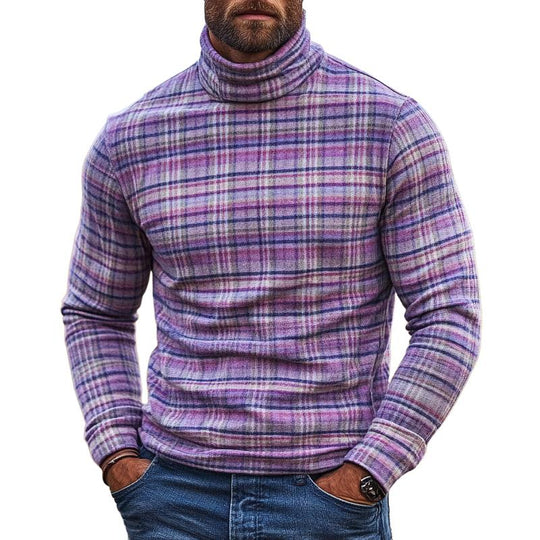 Men's Vintage Checked High Collar Long Sleeve Casual T-shirt 9884640575672
