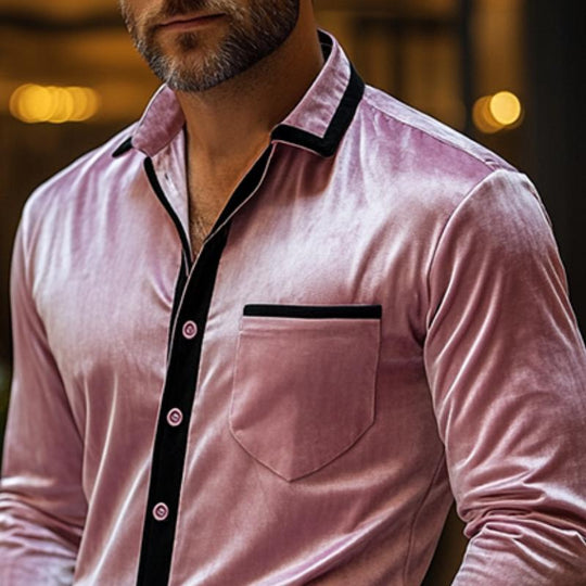 Men's Retro Casual Contrast Color Velvet Long Sleeve Shirt 9883358953656